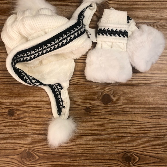White Geometric Trim Faux Fur Pom-Pom Ear-Flap Beanie & Fingerless Glove… - Picture 3 of 7